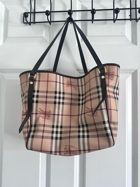 Burberry Canterbury Tan Check Tote with lack Trim and Gold Accents